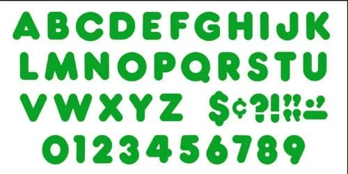 A green alphabet and numbers set with the letters in each letter.