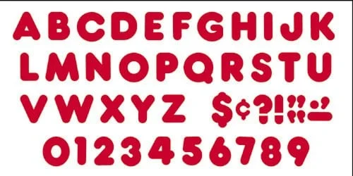 A red alphabet and numbers set with a price tag.