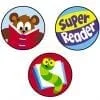 A set of three stickers with different images.
