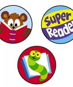A set of three stickers with different images.