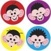 A group of four monkeys with different colored faces.
