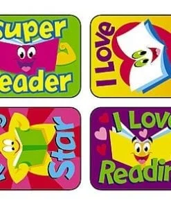 A set of four stickers with the words reading books and super reader.