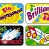 A series of stickers with different images and words.