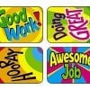 A set of four stickers with the words " good work ".