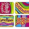 A set of four stickers with different designs.