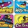 A series of stickers with different types of transportation.