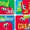 A set of four stickers with apples and words.