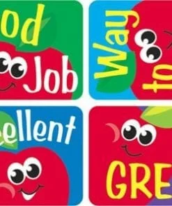 A set of four stickers with apples and words.