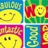 A series of stickers with smiley faces and words.