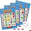 A set of three bingo cards with red chips.
