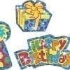 A set of three birthday decorations with the words happy birthday.