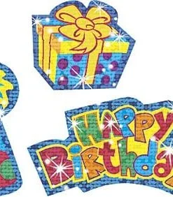 A set of three birthday decorations with the words happy birthday.