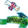 A graduation arrow with a red ribbon and a diploma.