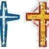 Two cross shaped images with a blue and red background