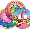 Cheerful dinosaur stickers saying Wonderful, Tremendous