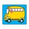 A yellow bus with a face on it