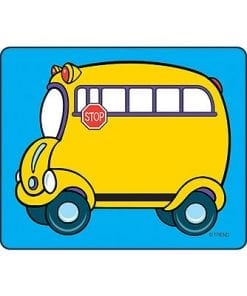 A yellow bus with a face on it