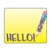 A yellow sign with a pencil and hello written on it.