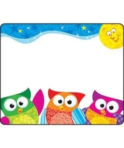 A colorful owl themed name tag with an image of three owls.