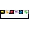 A black and white background with colorful paw prints.