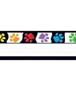 A black and white background with colorful paw prints.