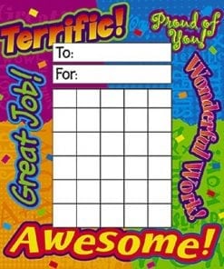 A colorful reward chart with the words " terrific !" and " great job ".