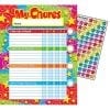 A colorful chore chart with stickers on it.