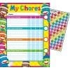 A colorful chore chart with many sock monkeys.