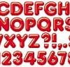 A red alphabet and numbers set with the letters in different sizes.