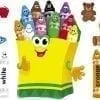 A cartoon of crayons and other items with the names of each color.