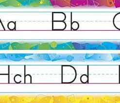 A rainbow themed alphabet strip with the letters of the alphabet.