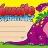 A purple dinosaur sitting on top of a yellow field.