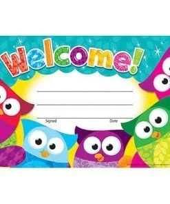 A colorful owl themed welcome sign with the word " welcome !" in front.