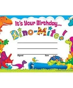 A birthday certificate with colorful dinosaurs and the words " it's your birthday dino-mite ".