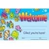 A welcome sign with fish and bubbles on it.