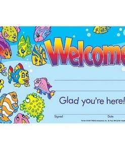 A welcome sign with fish and bubbles on it.