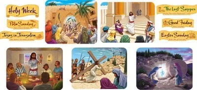 A series of pictures depicting jesus ' life.