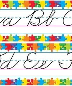 A series of cursive letters with puzzle pieces on them.