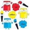 A set of paint and brushes with different colors.