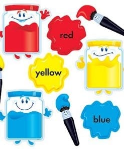 A set of paint and brushes with different colors.