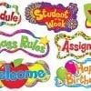 A bunch of different school signs and words