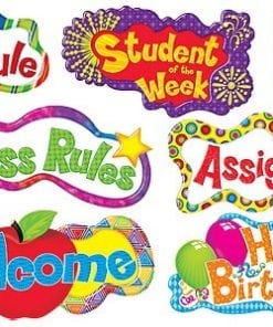 A bunch of different school signs and words