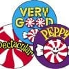 A set of three stickers with different designs.