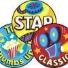 A set of three stickers with different types of movies.