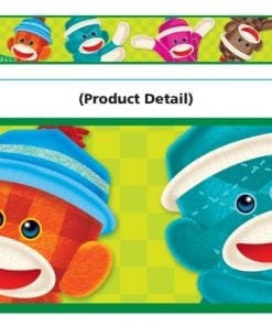 A close up of the product details for a sock monkey banner