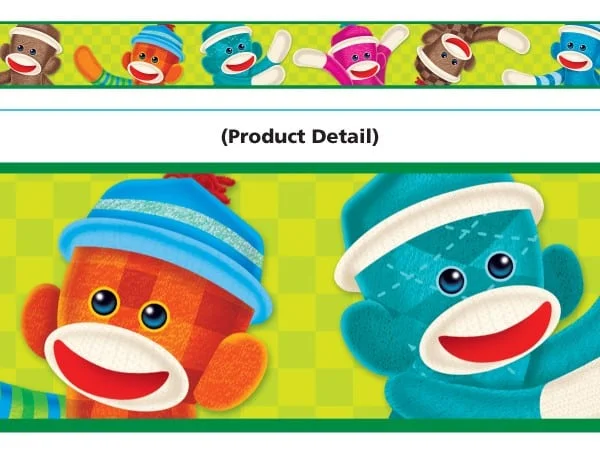 A close up of the product details for a sock monkey banner