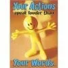 A poster of a yellow toy with arms and legs.