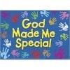 A blue background with colorful handprints and the words god made me special.