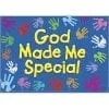 A blue background with colorful handprints and the words god made me special.