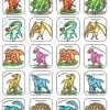A bunch of different colored dinosaurs are in squares